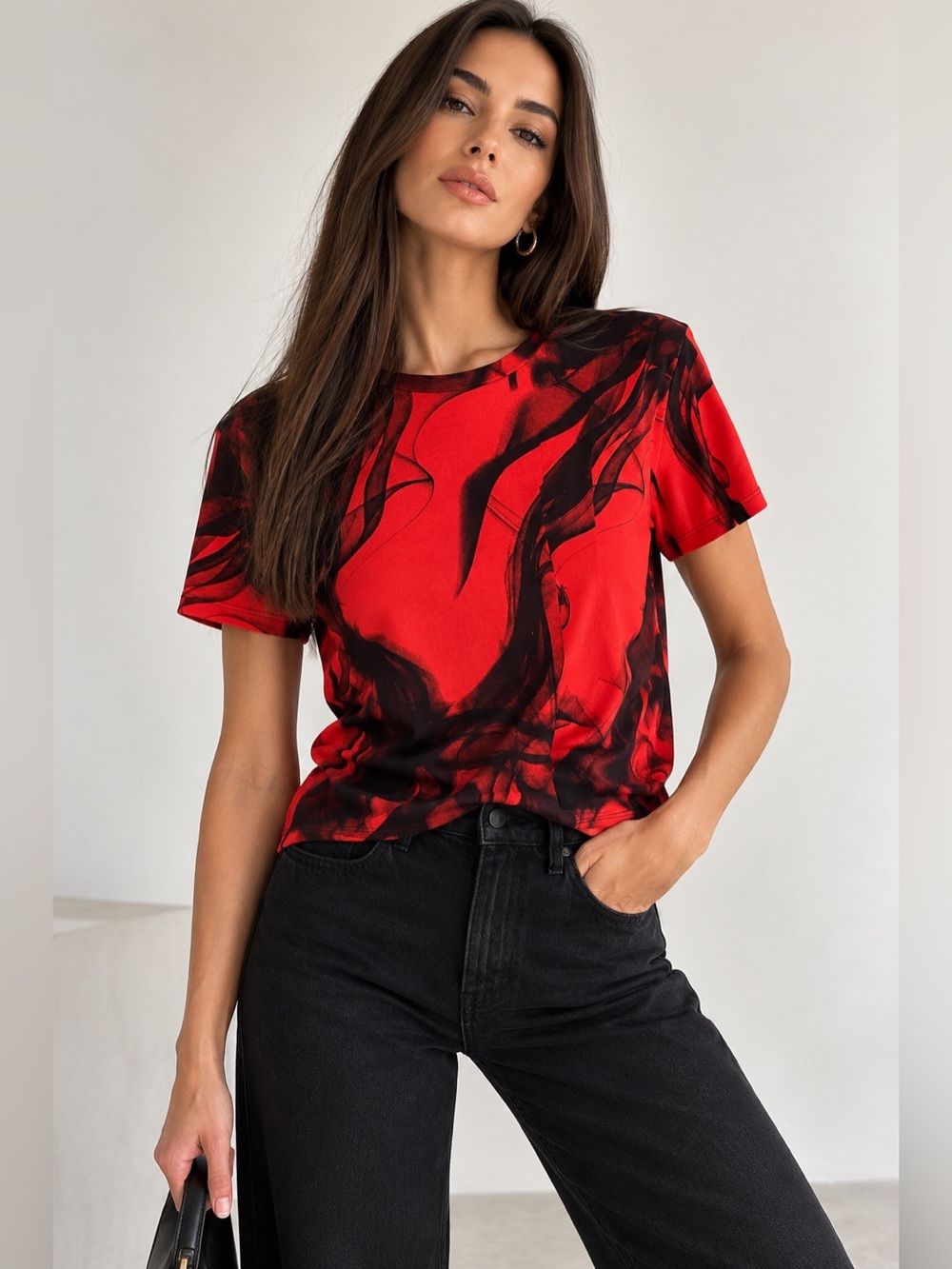 Maje Red Black Abstract Print Cotton T-Shirt Made in Portugal